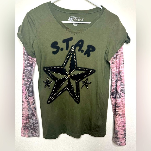 Y2K forever orchid long sleeve top rhinestones studs Camo size 16 girls - Picture 1 of 5